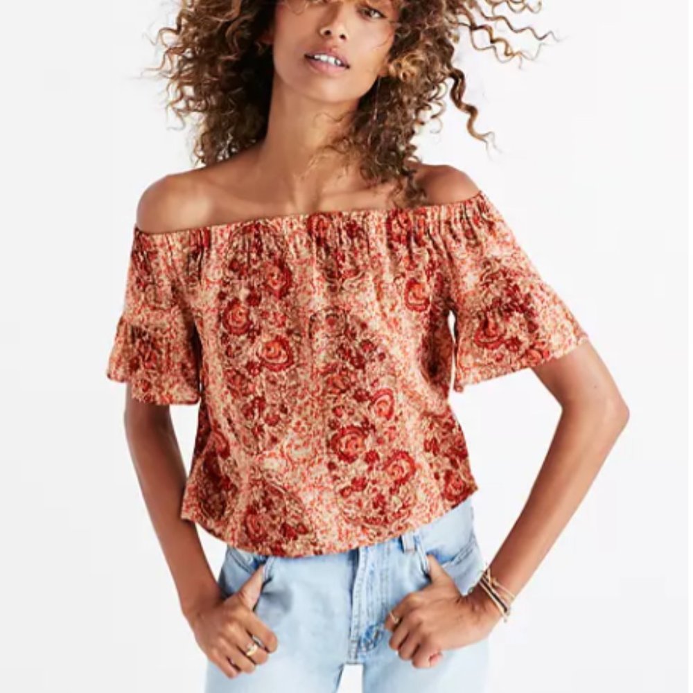 Madewell Silk Off-the-Shoulder Top in Orange Watercolor Paisley Size Medium